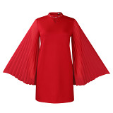 Fashion puff sleeve pleated loose a-line casual solid short dress