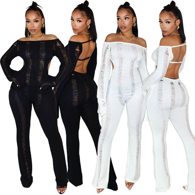 Casual off shoulder backless knitted bodyocn long sleeve women jumpsuit