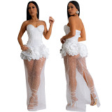 Strapless satin spliced mesh sequin skirt bodycon party club long maxi dress