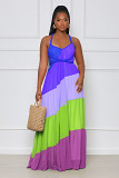 Contrast color summer backless lace up chiffon maxi long dress