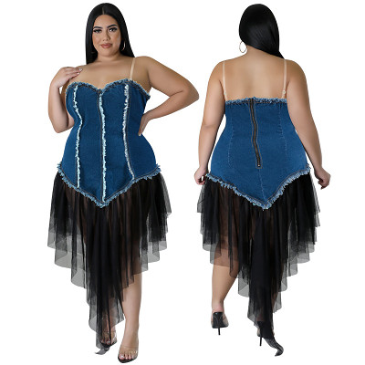 Plus size slip denim patchwork mesh irregular long dress