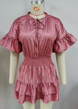 Summer Sation Silk solid color elastic waist v neck ruffle edge dress