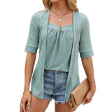 Summer solid color square collar spliced button half sleeve women t-shirt