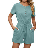 Solid color loose short sleeve button pocket short women jumpsuit