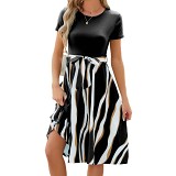 Summer round neck printed short sleeve casual long knee length dress