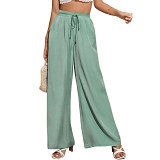 High waist casual trouser solid color elastic pocket wide leg pants for women