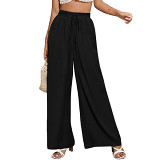 High waist casual trouser solid color elastic pocket wide leg pants for women