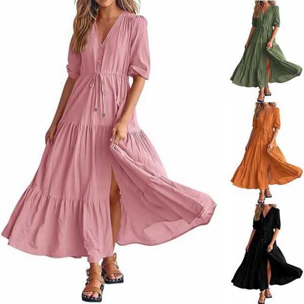 V neck botton drawstring short sleeve slit maxi women dress