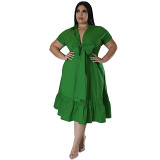 Plus size solid color turn down collar bow pleated long dress
