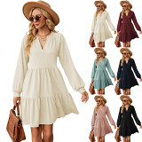 Solid color V neck loose casual pleated spliced long sleeve dress