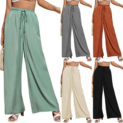 High waist casual trouser solid color elastic pocket wide leg pants for women
