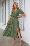 V neck botton drawstring short sleeve slit maxi women dress