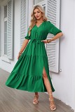 V neck botton drawstring short sleeve slit maxi women dress