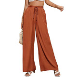 High waist casual trouser solid color elastic pocket wide leg pants for women