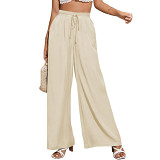 High waist casual trouser solid color elastic pocket wide leg pants for women
