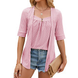 Summer solid color square collar spliced button half sleeve women t-shirt