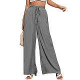 High waist casual trouser solid color elastic pocket wide leg pants for women