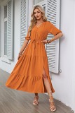 V neck botton drawstring short sleeve slit maxi women dress