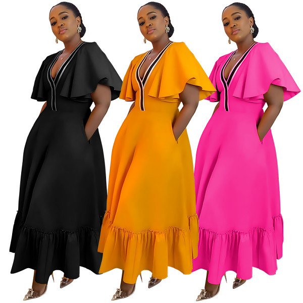 Plus size V neck ruffle sleeve casual women summer maxi dress