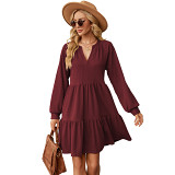 Solid color V neck loose casual pleated spliced long sleeve dress