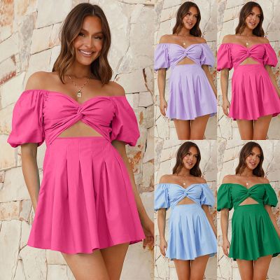 Sexy off the shoulder lantern sleeve pleated cut out short A-line dress