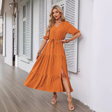 V neck botton drawstring short sleeve slit maxi women dress