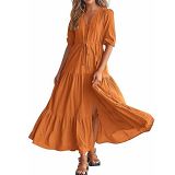 V neck botton drawstring short sleeve slit maxi women dress