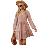 Solid color V neck loose casual pleated spliced long sleeve dress