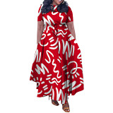 Short sleeve printed casual a-line maxi long dress for women
