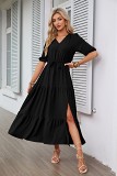 V neck botton drawstring short sleeve slit maxi women dress