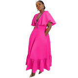 Plus size V neck ruffle sleeve casual women summer maxi dress