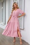 V neck botton drawstring short sleeve slit maxi women dress