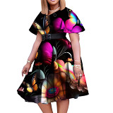 Crew neck short sleeve casual a-line summer printed plus size short dress