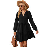 Solid color V neck loose casual pleated spliced long sleeve dress