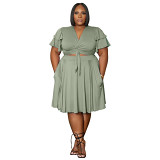 Ruffles sleeve v neck wrap crop top knee length skirt plus size 2 piece skirt set