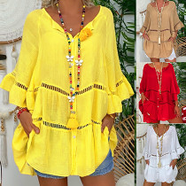 Ladies three-quarter sleeves cotton and linen V-neck loose button hollow out plus size blouse