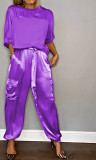 Lady's smooth satin half sleeve blouse and trousers two piece set for women