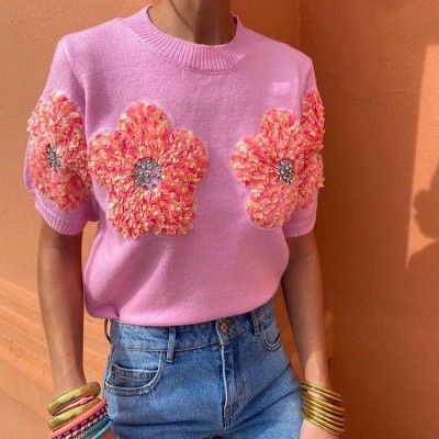 Contrast color flowers sweet pink round neck short sleeve sweater
