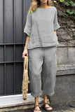 Women t-shirt long pants casual linen cotton shirt high waist loose trouser 2 piece set