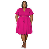 Ruffles sleeve v neck wrap crop top knee length skirt plus size 2 piece skirt set