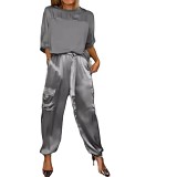 Lady's smooth satin half sleeve blouse and trousers two piece set for women