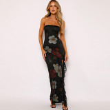 Fashion printed lace stitching wrapped strapless backless split dress