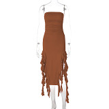 Sleeveless strapless gauze mesh slit solid color irregular long dress