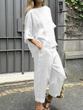 Women t-shirt long pants casual linen cotton shirt high waist loose trouser 2 piece set