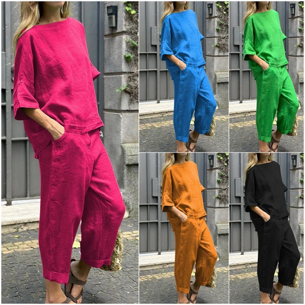 Women t-shirt long pants casual linen cotton shirt high waist loose trouser 2 piece set