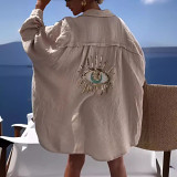 Lapel long sleeve sequin pattern loose cotton linen casual fashion shirt