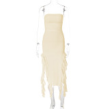 Sleeveless strapless gauze mesh slit solid color irregular long dress