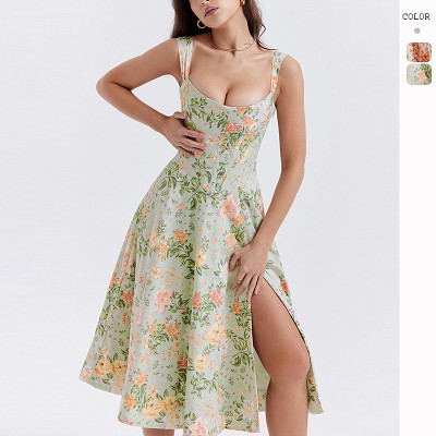 Slim suspender sexy split midi long women summer floral dress