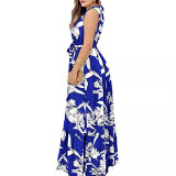 Summer sleeveless printed lotus leaf stitching long dress
