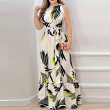 Summer sleeveless printed lotus leaf stitching long dress